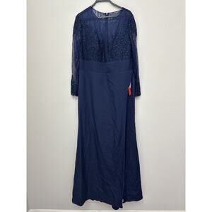 Mac Duggal Midnight Blue Long Sleeves Sequins Sheer Overlay Gown Size 16W